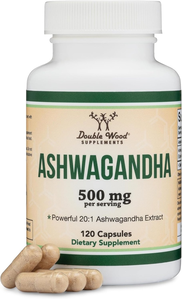 Ashwagandha Capsules, 120 Conde (500mg Extracto 20:1 Potency) Adaptogen Stress Relief by Double Wood