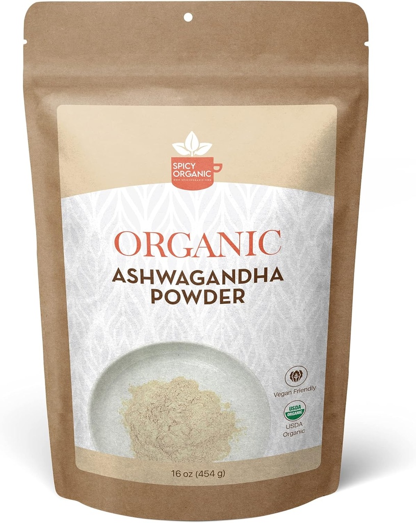 SPICY ORGANIC Orgánica Ashwagandha Root Powder – 1 lb., Non-GMO, 100% Raw de India – Indian Ginseng (Withania Somnifera) – Natural Stress Support, Energy &amp; Immune Health
