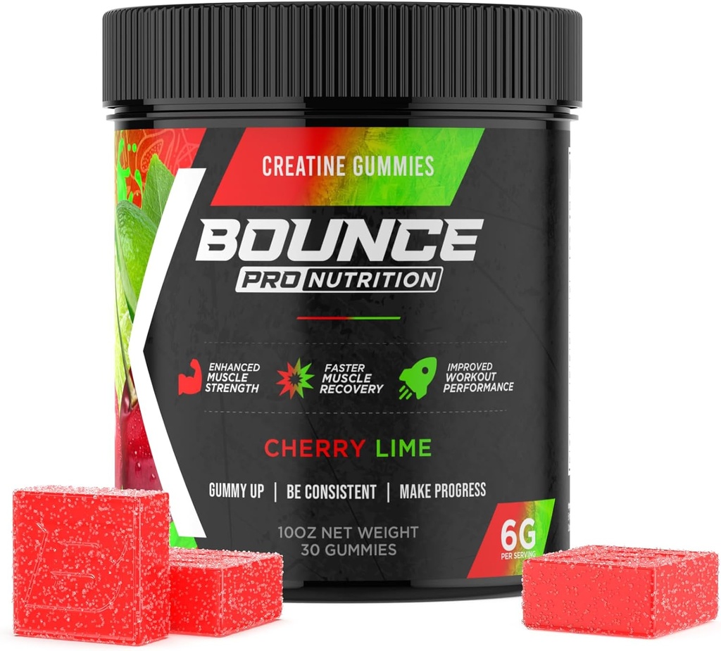 Bounce Pro Creatine Monohydrate Gummies for Men &amp; Women, Low Calorie, 6G de Creatine per Serving, Vegan, Anti-Melting, Gluten-Free, Non-GMO, 2g de Creatine per Gummy (30ct, Cherry Lime)