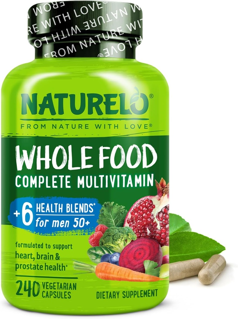 NATURELO Multivitamínico para Hombres 50+ - con Vitaminas, Minerales, Extractos Hídricos Orgánicos - Vegetariano Vegano - para Energía, Cerebro, Corazón y Ojo Salud - 240 cápsulas