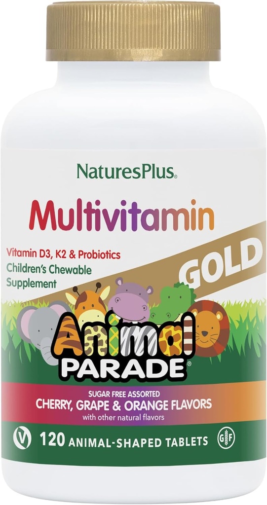 Natures Plus Animal Parade Gold Children's Multivitamin - Cereza surtida, Orange &amp; Grape Flavors - 120 Chewable Animal-Shaped Tablets - Vegetariano, Gluten Gratis - 60 Servings