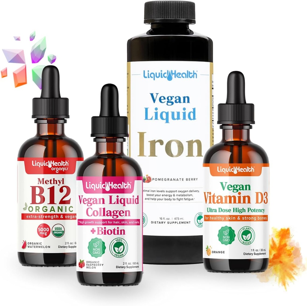 LIQUIDHEALTH Vegan Daily Essentials Kit de inicio de vitaminas con gotas de metil orgánico B12, Collagen líquido vegano + biotina, hierro líquido, gotas de vitamina D3 - 100% Suplementos de vitaminas basados en plantas, hechos en EE.UU.