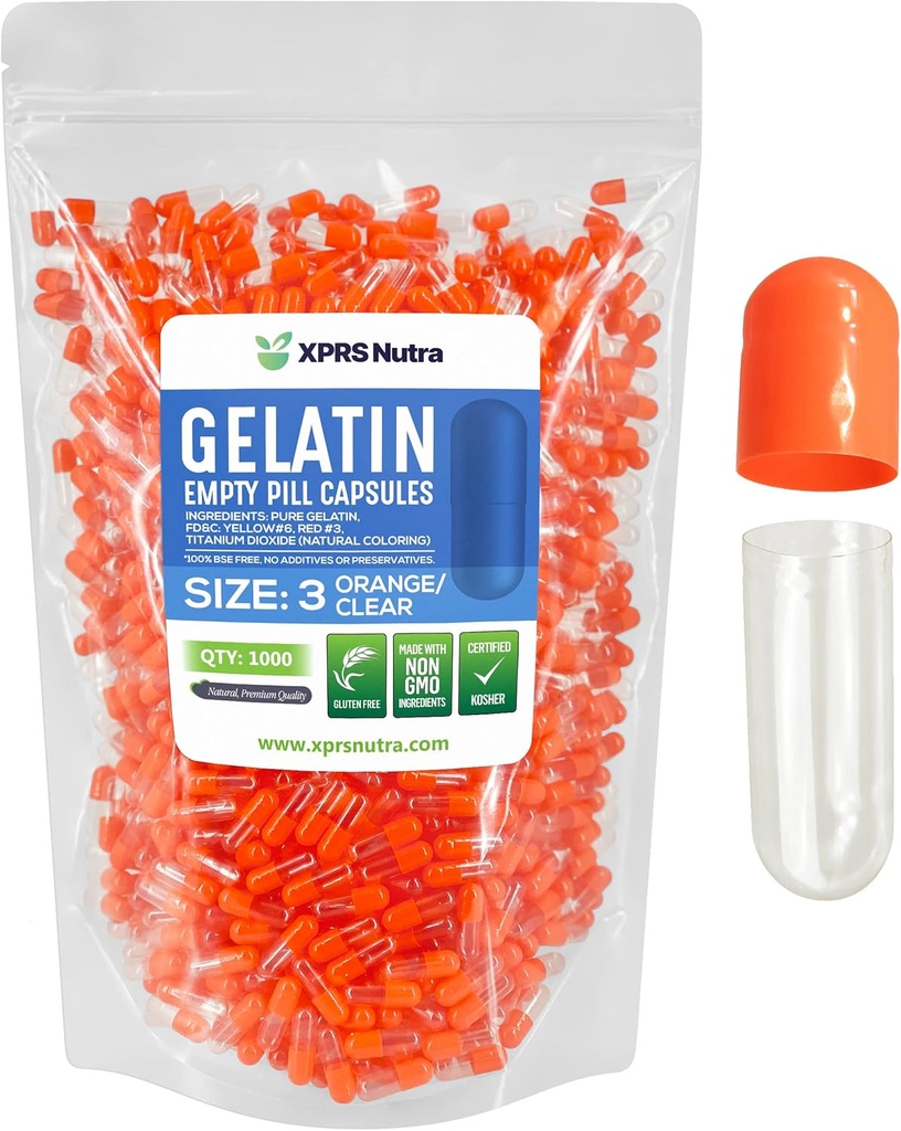 XPRS Nutra Size 3 Empty Capsules - 1000 Conde Empty Gelatin Capsules - Pills DIY Capsule Filling - Pure Bovine Pill Gel Caps Fillable for Do-It-Yourself Vitamins and Supplements (Orange/Clear)