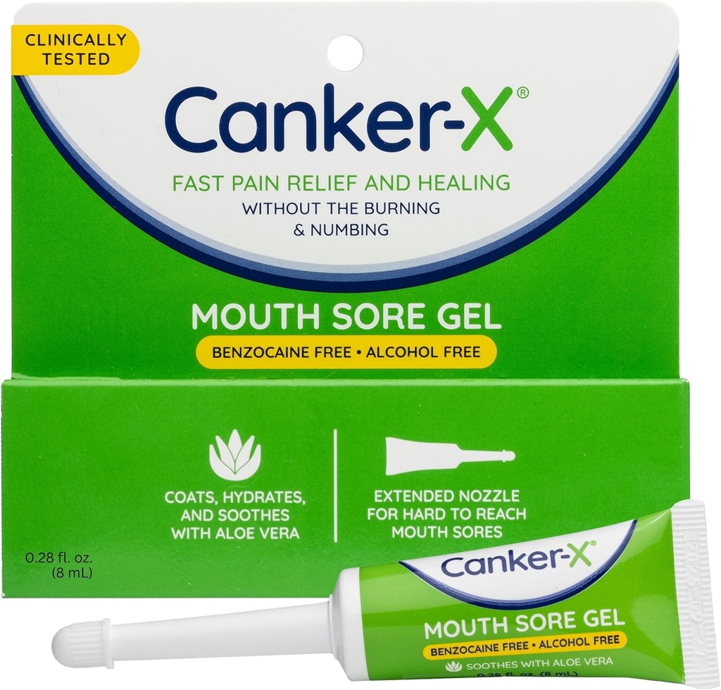 Canker-X Mouth Sore Gel, Fast Pain Relief " Healing for Canker Sores, Cheek Bites y Abrasiones Orales, Oral Pain Relief Gel, Benzocaine-Free y Alcohol-Free, Adultos y Niños 6+ Años, 0,28 fl oz