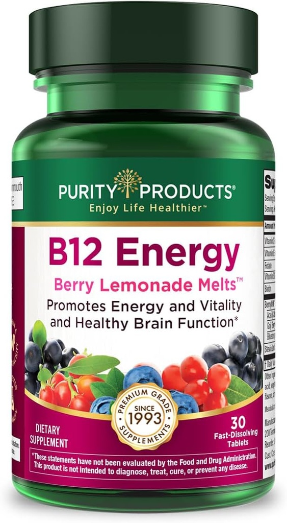Purity Products B-12 Energy Berry Lemonade Melt w/Super Fruits Methylcobalamin B12 - Vitaminas B6, D3, Folic Acid and Biotin - High Absorption MecobalActive B 12-30 Melting Tablets