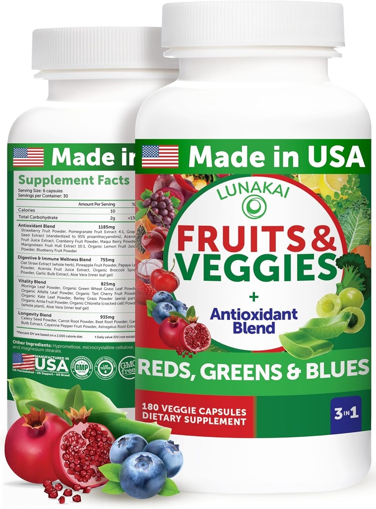 Lunakai USA hizo Superfood Fruits & Veggies Supplement - All-in-One with 4 Blends &amp; Scented Capsules, 180ct Super Veggie Capsules for Adults