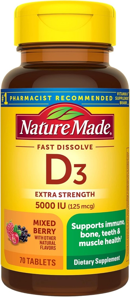 Natural Made Vitamina D3 5000 UI (125 mcg) Extra Strength, Vitamina D Suplemento para Immune Support, 70 Sugar Free Fast Dissolve Tablets, 70 Day Supply