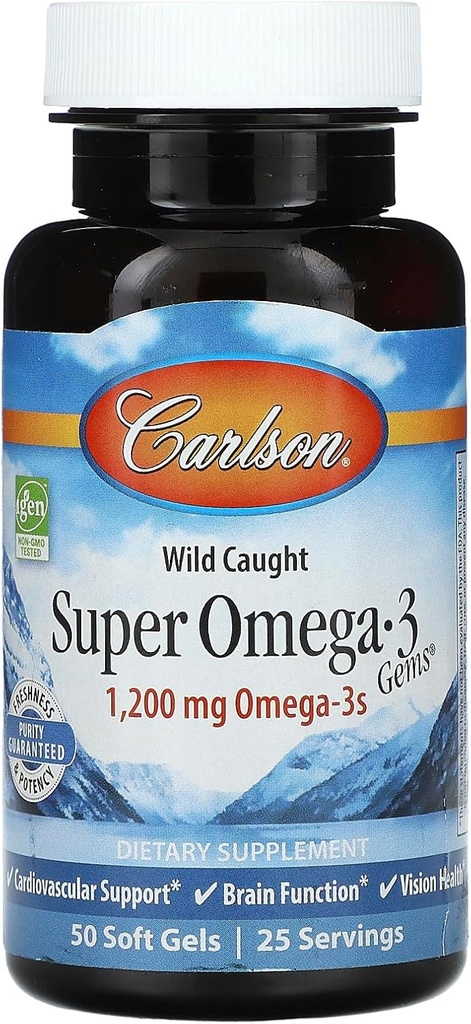 Carlson - Super Omega-3 Gems, 1200 mg Omega-3, Wild Caught, Fuente sostenible, 50 geles blandos