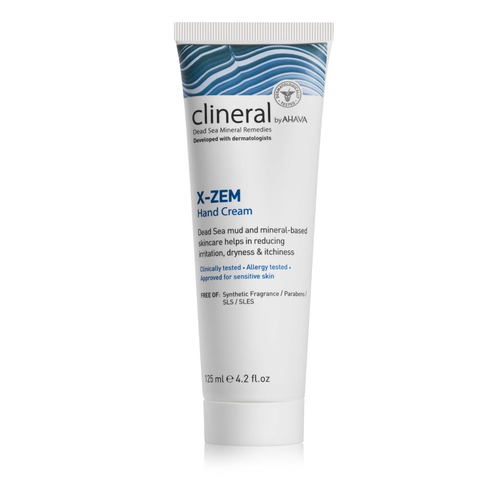 AHAVA Clineral X-Zem Hand Cream - Alivia la incomodidad de la dermatitis, combate el enrojecimiento, la sequedad y la picazón, suaviza los parches secos y ásperos, con aceite de Hippophae, manteca de karité, 4.2 Fl.Oz