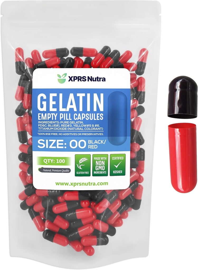 XPRS Nutra Size 00 Empty Capsules - 100 Conde Empty Gelatin Capsules - Pills DIY Capsule Filling - Fillable Pill Gel Caps for Do-It-youself Supplements (Black/Red)