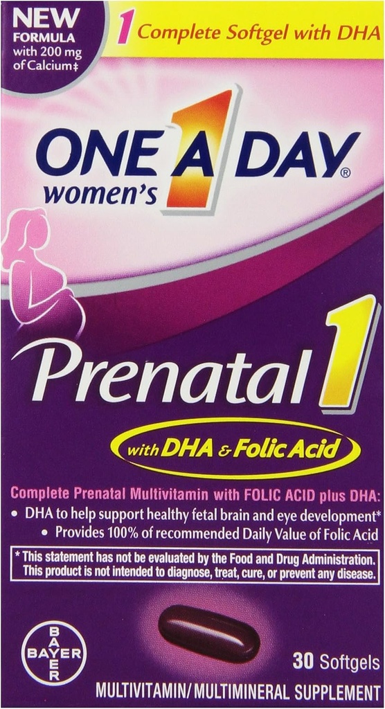 One A Day Women's Prenatal 1 Multivitamin, Supplement for Before, During, and Post Pregnancy, including Vitamins A, C, D, E, B6, B12, and Omega-3 DHA, 30 Count