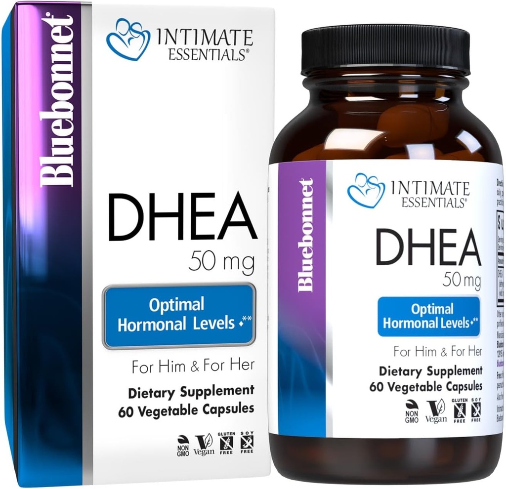 BlueBonnet Nutrition Intimate Essentials DHEA 50mg, for Fertility Function and Optimal Hormone Levels in Both Hombre and Women*, Non-GMO, Vegan, Gluten-Free, 60 Vegetable Capsules, 60 Servidores