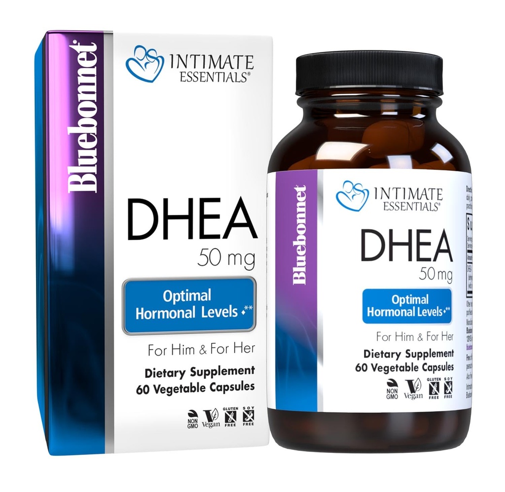 BlueBonnet Nutrition Intimate Essentials DHEA 50mg, for Fertility Function and Optimal Hormone Levels in Both Hombre and Women*, Non-GMO, Vegan, Gluten-Free, 60 Vegetable Capsules, 60 Servidores