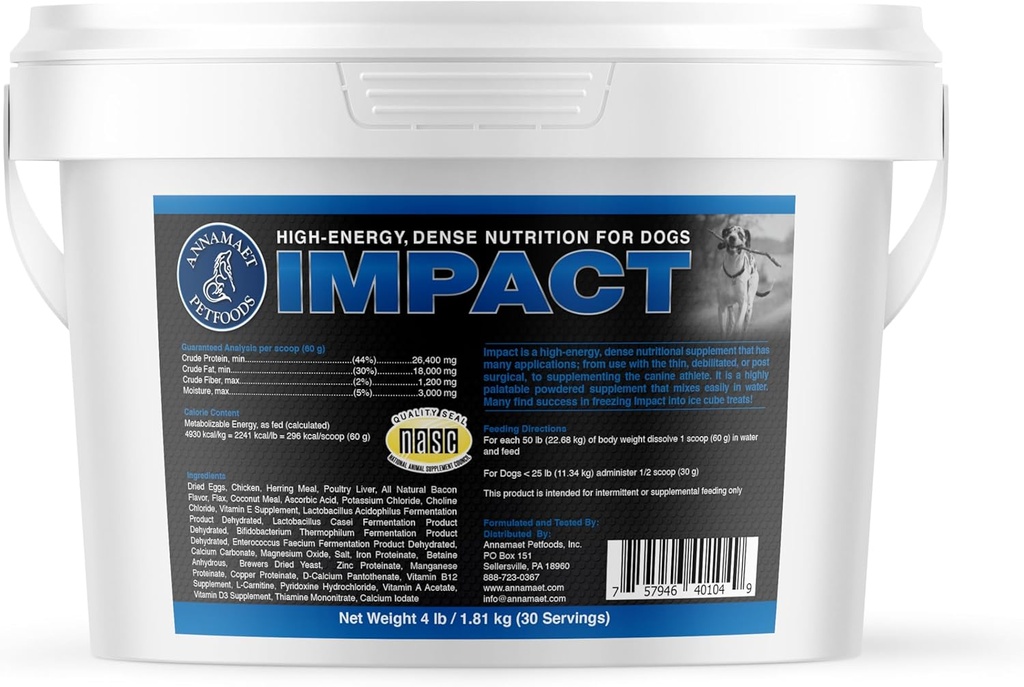 Annamaet Impact – High-Energy Dense Nutrition Supplement for Dogs – Helps Support Healthy Weight in Canine Athletes, Post-Surgical Dogs and Dogs with Fast Metabolism - 4 lb