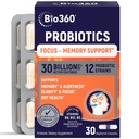 Bio360 Suplementos cerebrales para la memoria y el foco - apoya la salud cerebral, la claridad mental y la alerta - cápsulas con B5, B6 &amp; B12-30 Billones CFU para la inmunidad, la digestión & Gut Health - 30 Conde