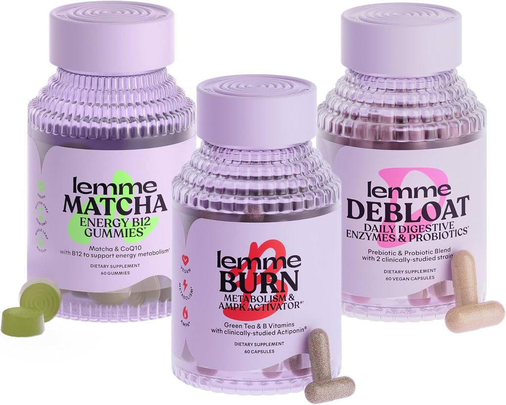 Lemme Burn, Debloat " Matcha Bundle - Metabolismo " Fat Burning Capsules + Bloating " Gas Relief Capsules + Energy B12 Gummies - Gluten-Free, Non-GMO - 60 ct.