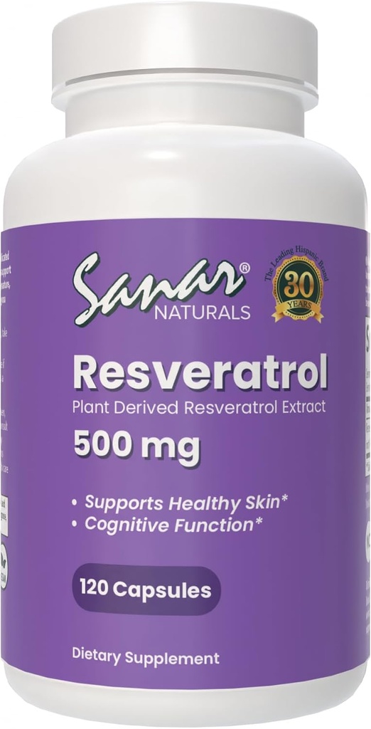 Sanar Naturals Resveratrol Suplemento 500 mg – Apoya el envejecimiento saludable, la función cognitiva y la salud cardíaca - Trans Resveratrol basado en plantas - Vegan, No GMO, 120 cápsulas