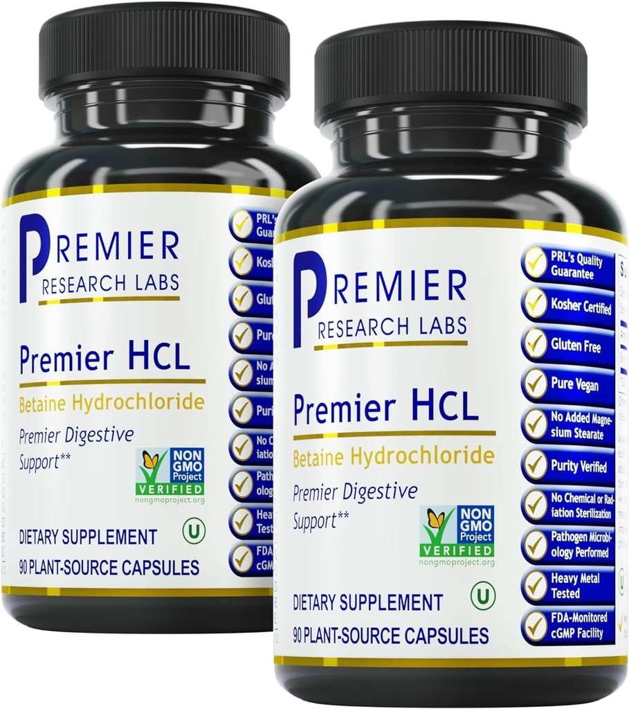 Premier Research Labs Premier HCL - Aids Nutrient Absorption " Digestive Function - Combine con HCL Activator Supplement - Betaine HCL for Digestion - 90 Plant-Source Capsules