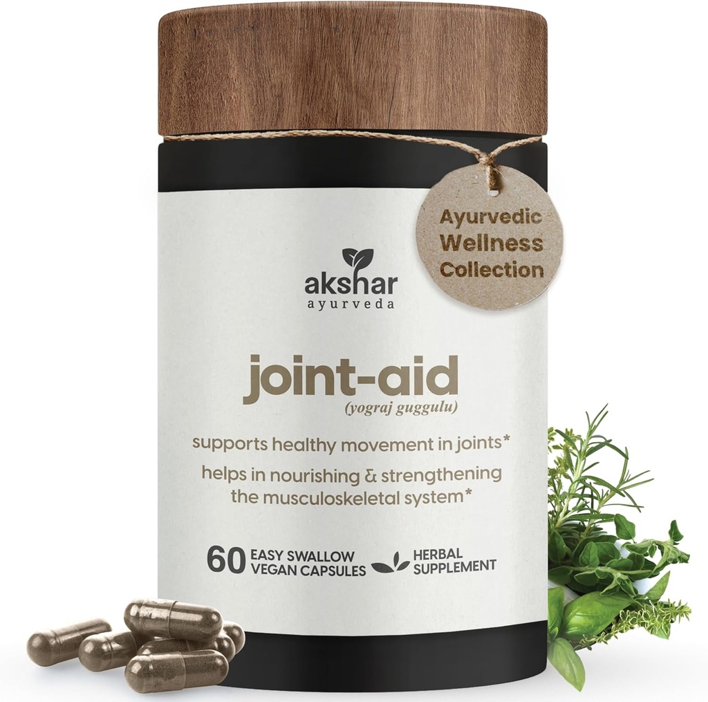AKSHAR Ayurveda - Asistencia conjunta - Suplemento de apoyo conjunto de hierbas indios para el alivio de la movilidad ocasional de rodillas, espaldas, manos - musculo y suplementos conjuntos libres de crueldad veganos (Pack of 1 (60 Count - A)))