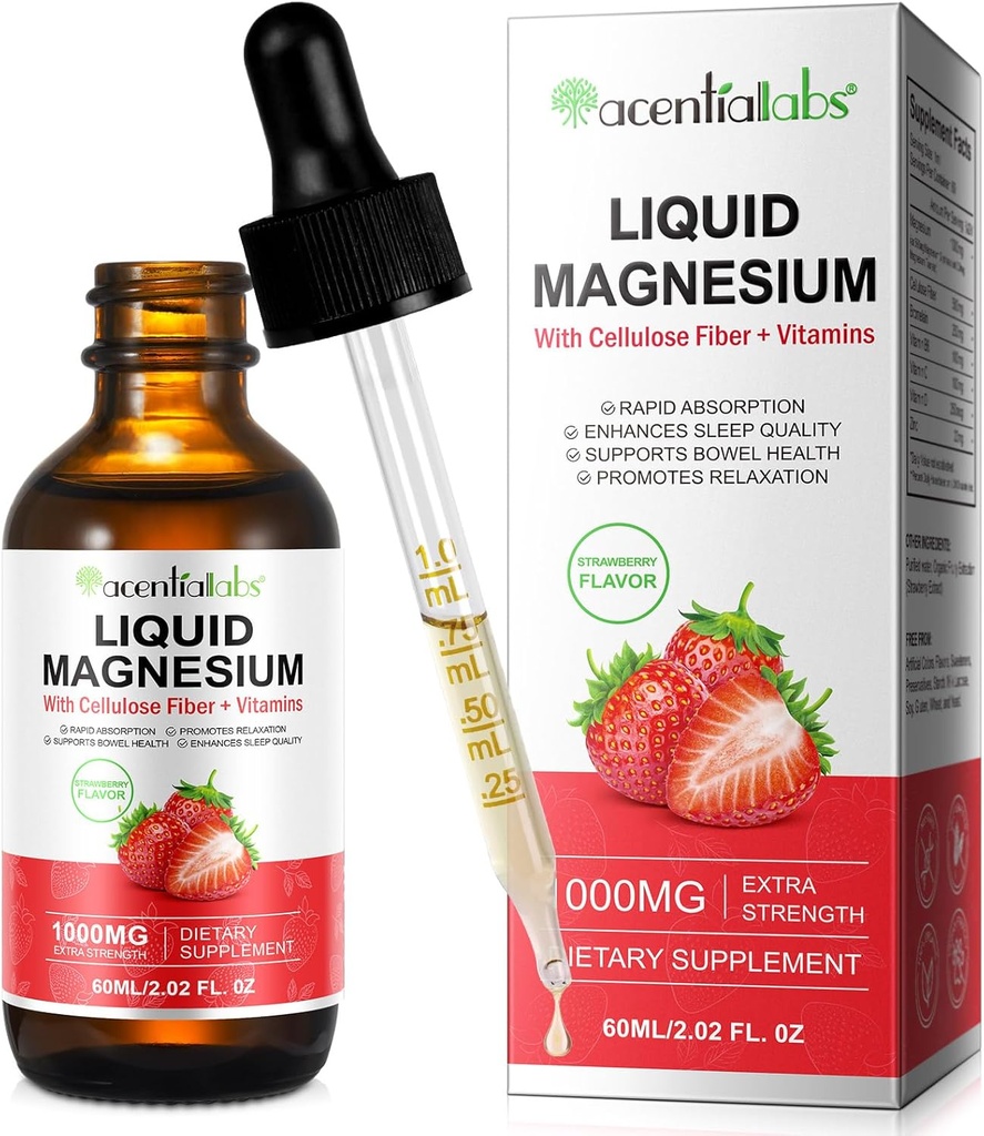 Magnesio Glycinate Liquid,Liquid Magnesium 1000Mg, gotas de magnesio, Suplemento de magnesio líquido, con fibra de celulosa, Vitamina B6, C, D, Zinc, Salud Digestiva,Promotes Relax,No Sugar,2 Fl Oz