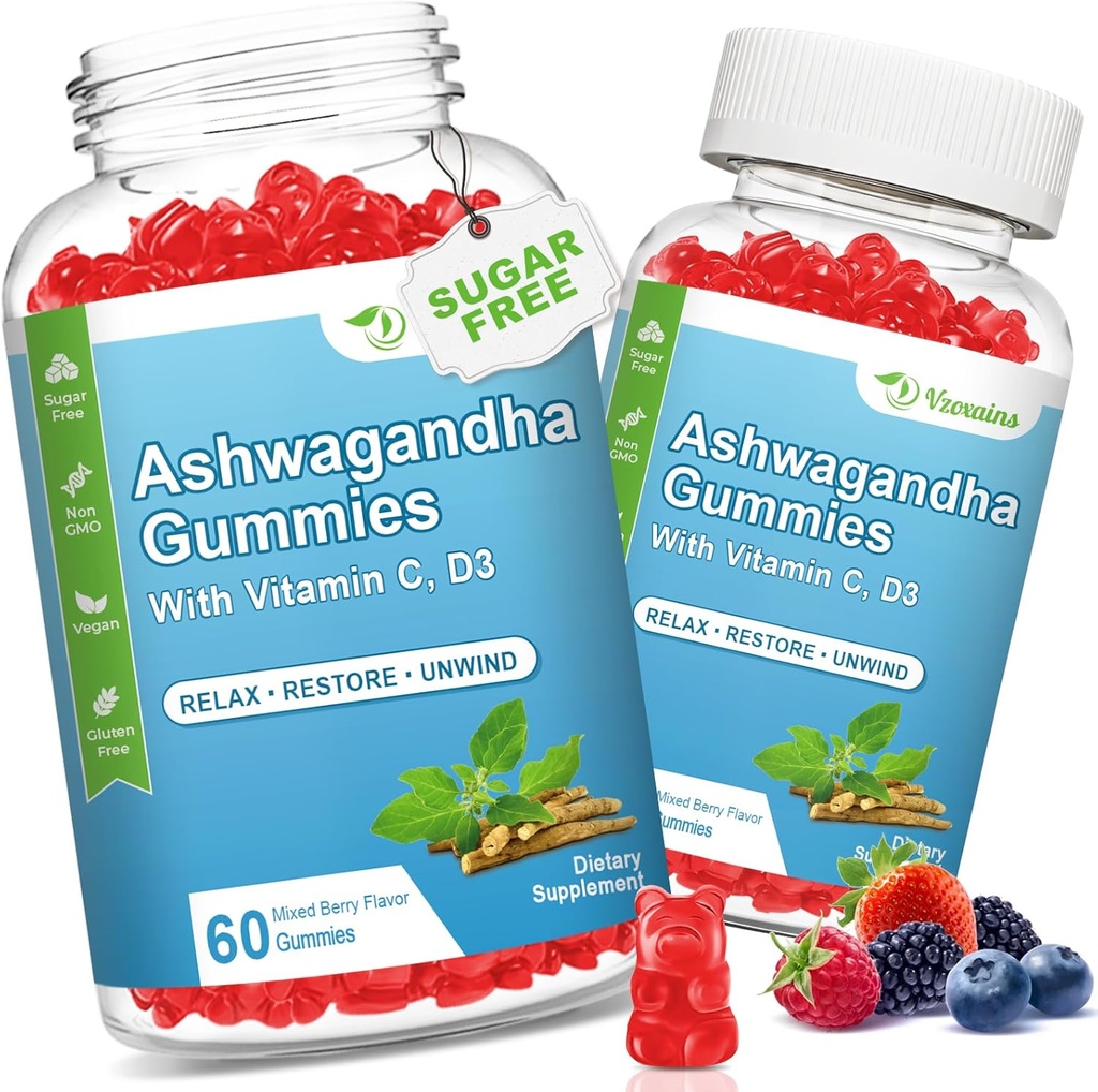 2 Pack Ashwagandha Gummies con Vitamina D para Hombres Mujer, Sugar Gratis Vegan 1000MG Ashwagandha Suplemento Gummy &amp; Vitamina C, 120 Cuenta