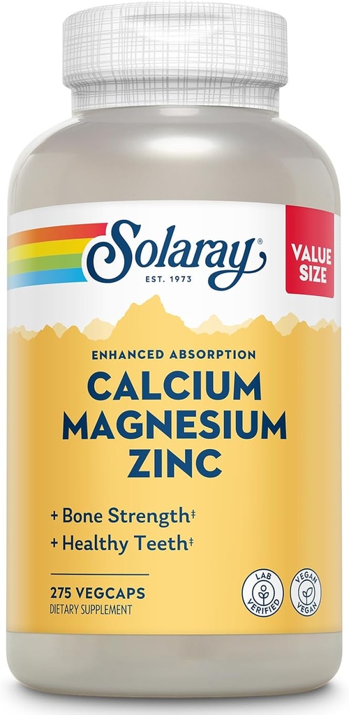 SOLARAY Calcio Magnesio Zinc Suplemento - con Calcio 1000mg, Magnesio 500mg - Hueso Salud, Función Musculo, Salud del Corazón y Soporte Inmunitario - Vegan, 60 Días Garantía, 68 Servimientos, 275 VegCaps