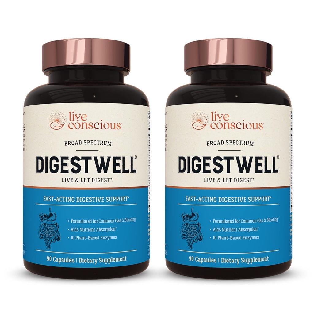 Live Conscious DigestWell Asistencia Inmediata - Soporte Digestivo Activo ← Enzyme Broad Spectrum, Probiótico " Herbal Fórmula - Disminuye Gas " Todos los días - 90 cápsulas (2-Pack)