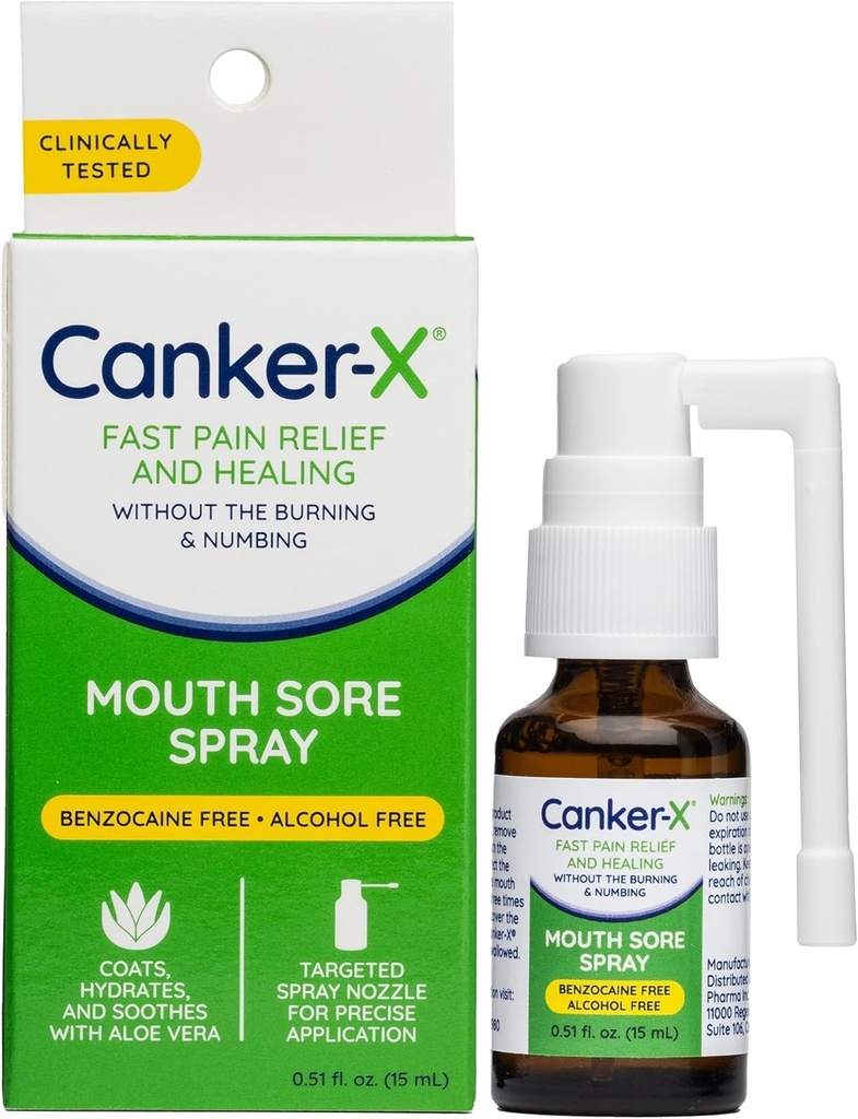 Canker-X Mouth Sore Spray, Oral Pain Relief from Canker Sores, Burns &amp; More, No Burning & Numbing, Benzocaine-Free &amp; Alcohol-Free Mouth Ulcer Treatment, Targeted Spray Nozzle, 0.51 Fl. Oz.