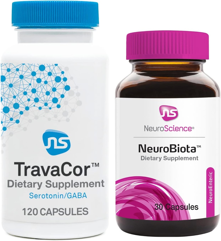 NeuroScience NeuroBiota (30 cápsulas) + TravaCor (120 cápsulas) Mood Support Bundle - Mood Probiotic + Suplemento para ayudar a reducir la tensión + ansiedad - Immune + GI Health (2 productos)