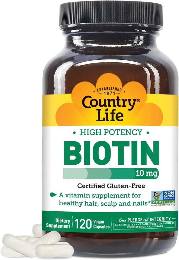 Country Life Biotina de alta potencia 10mg - Suplemento de biotina sin gluten para la piel " uñas, metabolismo energético - Biotina 10000mcg cápsulas