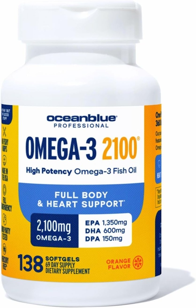 Oceanblue Professional Triple Strength Omega DPA Fish Oil Supplements 2100mg, High Potency EPA DHA, Wild Caught, Burpless, 69 Servings (138 Count Natural Orange Flavor)