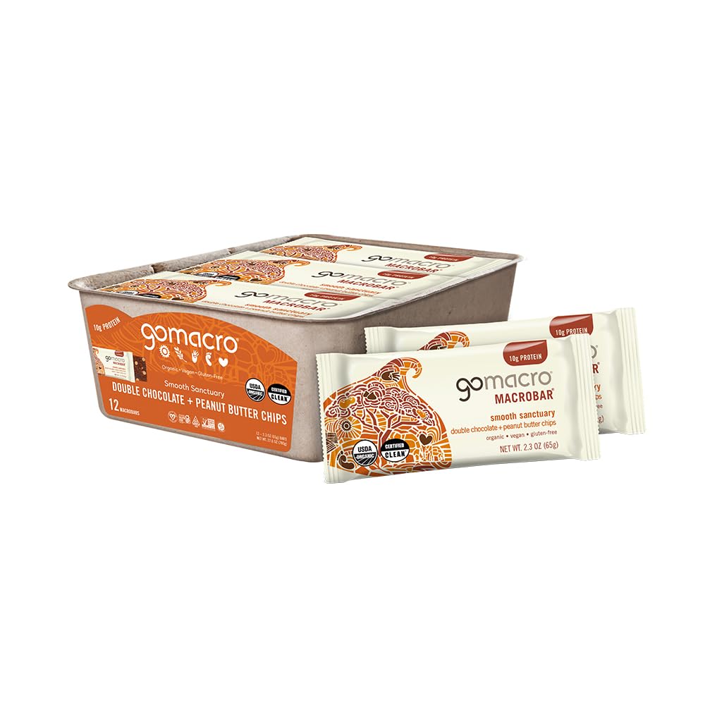 GoMacro MacroBar Bares de Proteína Ecológica Vegan - Doble Chocolate + Chips de mantequilla de maní (2.3 Bares de onda, 12 Cuenta)