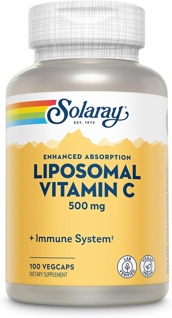 Vitamina Liposómica SOLARAY C 500mg - Absorción Mejorada Vitamina C Liposomal Blend con ácidos grasos - Suplemento de soporte antioxidante e inmunológico - Garantía Vegana, 60 días, 100 Serviciones, 100 VegCaps