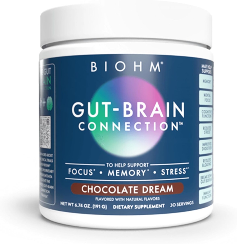 BIOHM Gut-Brain Connection Memory & Focus Supplement (6.74 Oz, 30 Servings) Apoya Gut Health & Cognitive Well-Being, Ayuda a mejorar Mood, Probióticos, Lion's Mane & Bacopa Monneiri, Chocolate Flavor