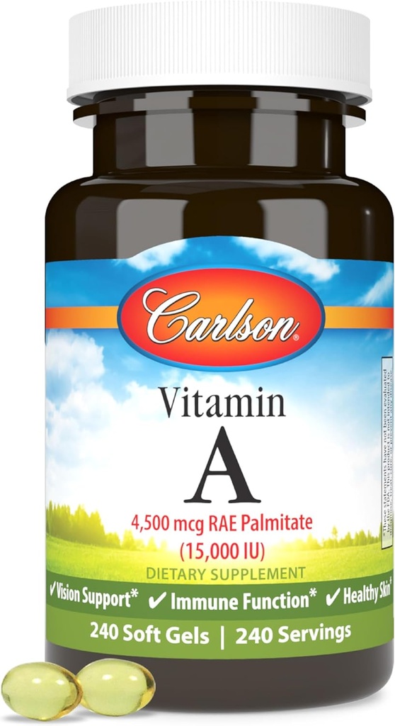 Carlson - Vitamina A, 15000 UI Palmitate (4500 mcg RAE), Visión de la salud &amp; la piel sana, función inmunitaria, 240 Softgels