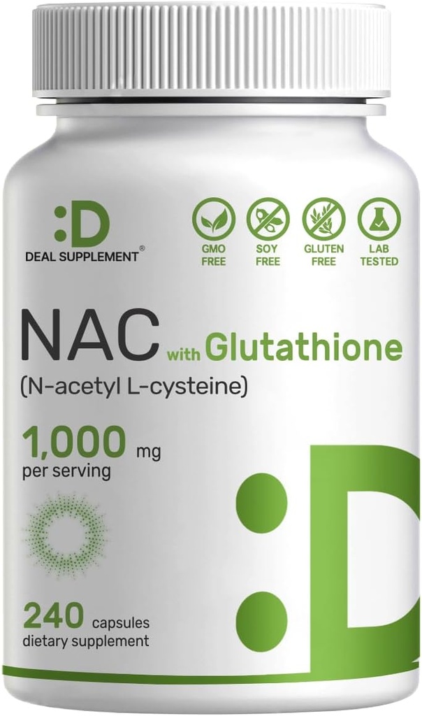 SUPLEMENTO DEAL NAC Suplemento (N-Acetyl Cysteine) 1000mg Por Serving with Reduced Glutathione, 240 cápsulas – Antioxidant Support for Immune Health, Lung, " Liver Function
