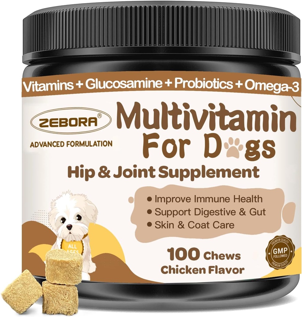 Multivitamina de perros con minerales para la salud general - Vitaminas y Suplementos de perros con Glucosamina, Probióticos para perros cachorros con minerales - Omega 3 Aceite de pescado para la piel - 100 Chews
