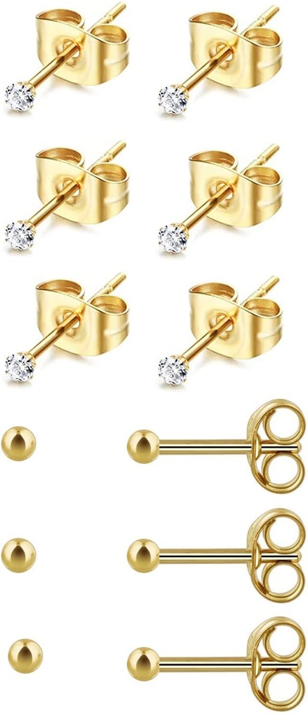6Pairs 2mm/3mm Acero quirúrgico Hipoallergenic Piercing Studs, 20G 14K Real Gold Filled Tiny Stud Earrings Set for Multiple Hole Piercing (Cubic Zirconia, Pearl, Ball)