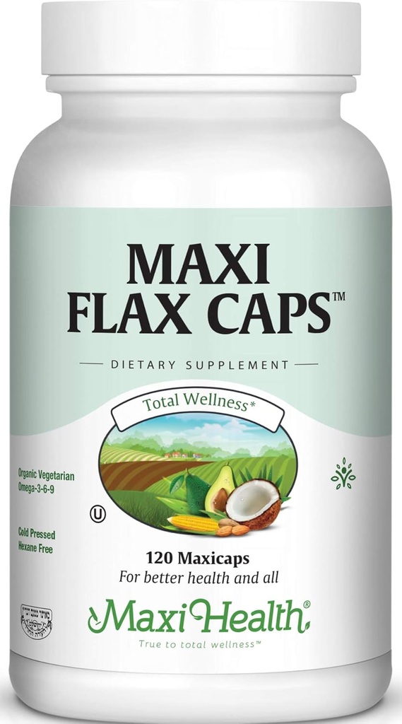 Maxi Flax Caps – Organic Flaxseed Oil, Omega 3, 6, 9 - Cold Press - Hexane Free, 700 mg – Kosher, 120 caps