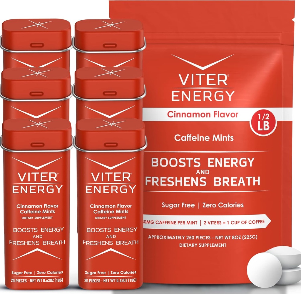 Viter Energy Original Caffeine Mints Cinnamon Flavor 6 Pack y 1/2 libra Bulk Bag Bundle - 40 mg Caffeine, B Vitaminas, Azúcar Gratis, Vegan, Powerful Energy Booster for Focus and Alertness