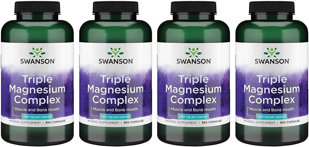 Swanson Triple Magnesium Complex - Mineral Supplement - Natural Support - Featuring Citrate, Oxide & Aspartate - (300 Capsules, 400mg Each, 4 Pack)