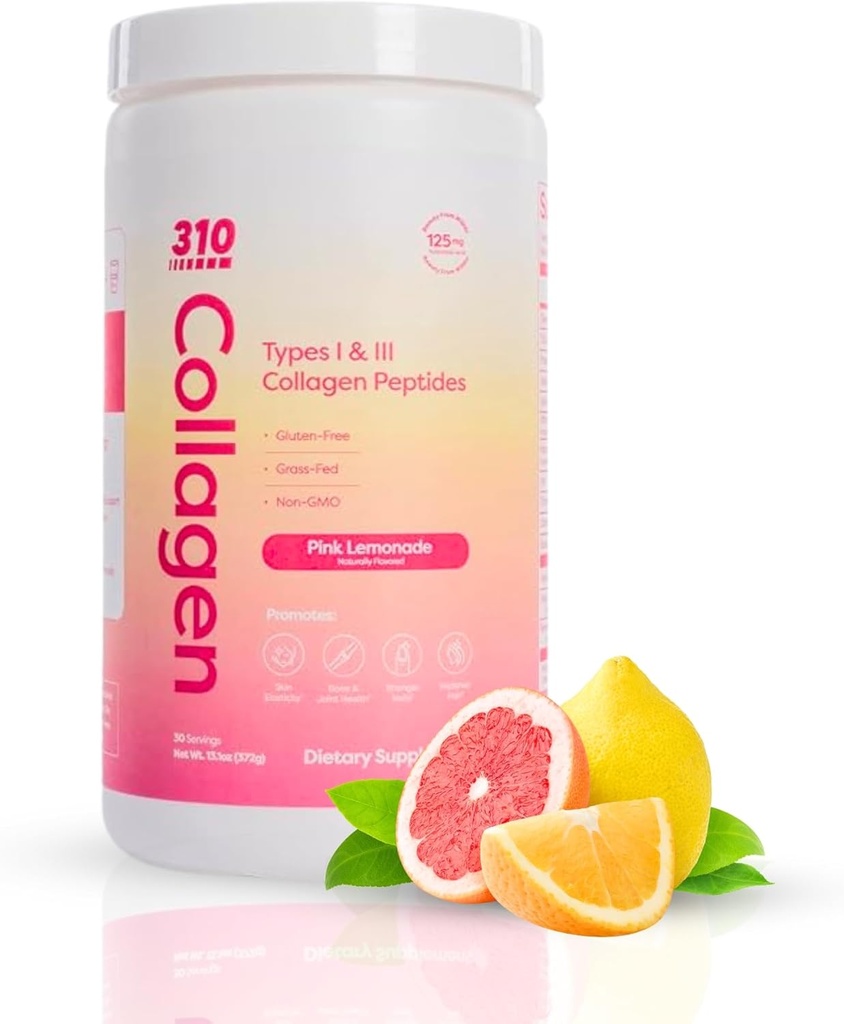 310 Nutrición Péptidos de colágeno hidrolizado Polvo para Hombres - Suplemento de colágeno de grano w / ácido hialurónico, Resveratrol, Vitamina C,D &amp; E para piel, cabello y uñas - 30 SRV Limonada rosa