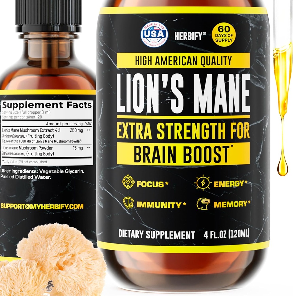 HERBIFY Lions Mane Suplemento - Daily Mushroom Suplemento para la memoria, Focus " Clarity - Brain Booster - Lions Mane Tincture for Immune Support - 4 Fl oz