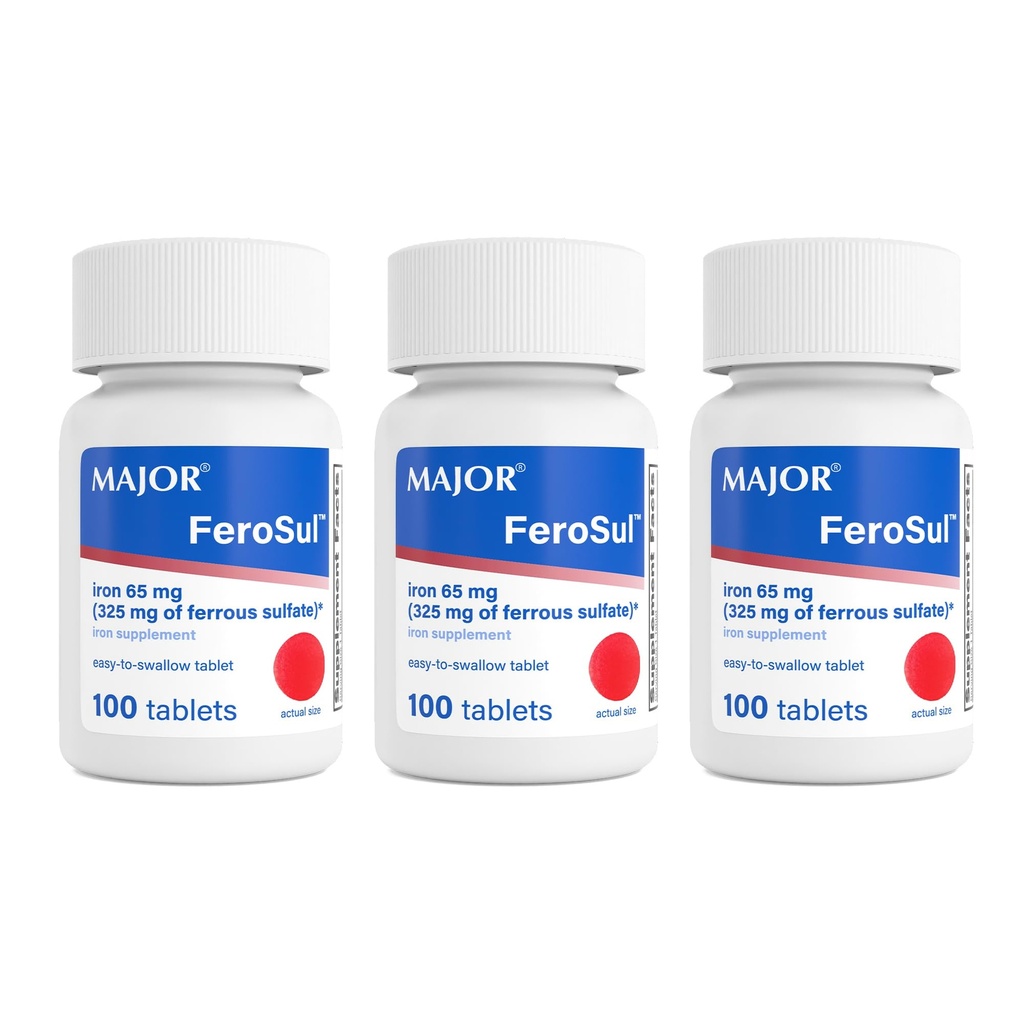 MAJOR Ferosul - Sulfato ferroso 325 mg Tabletas con 65 mg de hierro elemental - Suplemento de hierro para mujeres, hombres - rojo - 100 Cuenta (3 Pack)