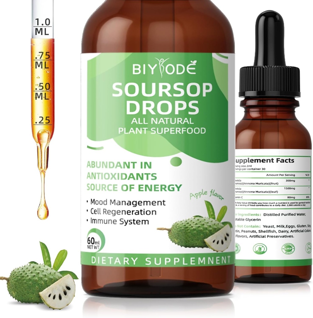 Soursop Graviola Liquid Drops: 1800mg Premium Antioxidante Soporte para Immune Health Digestion Relaxation Sleep Vegan Gluten Free Sugar Gratis 1 Fl Oz 30 Day Supply