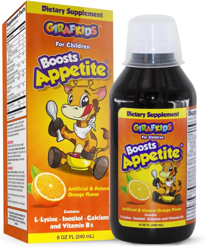 GirafKids Appetite Booster Syrup for Kids Ages 4+, 8 Fl Oz - Vitaminas para niños, Orange Flavor - Promueve un apetito saludable &amp; energía