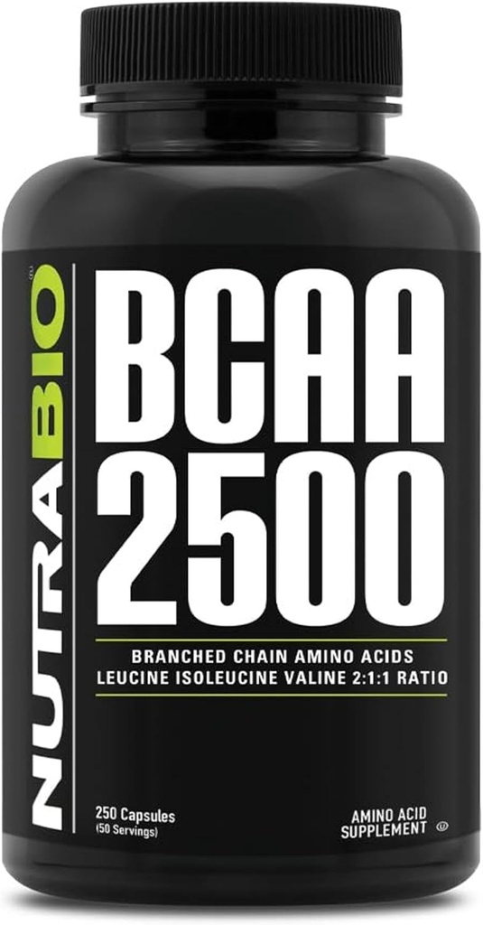 NutraBio – BCAA 2500 – Aminoácidos de cadena ramificados – Apoyar el nuevo crecimiento muscular y prevenir la desintegración muscular – 250 cápsulas