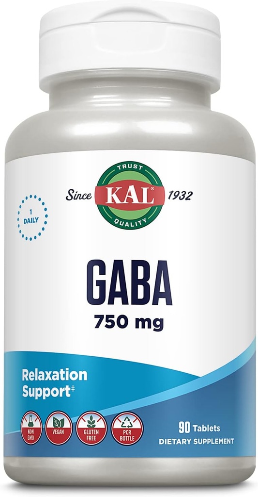 KAL GABA Supplement, Relaxation Support, GABA Supplements for Stress Relief Support, Vegan, Non-GMO, Gluten Free, Lab Verified, 60-Day Money-Back Guarantee, 90 Servings, 90 Tablets