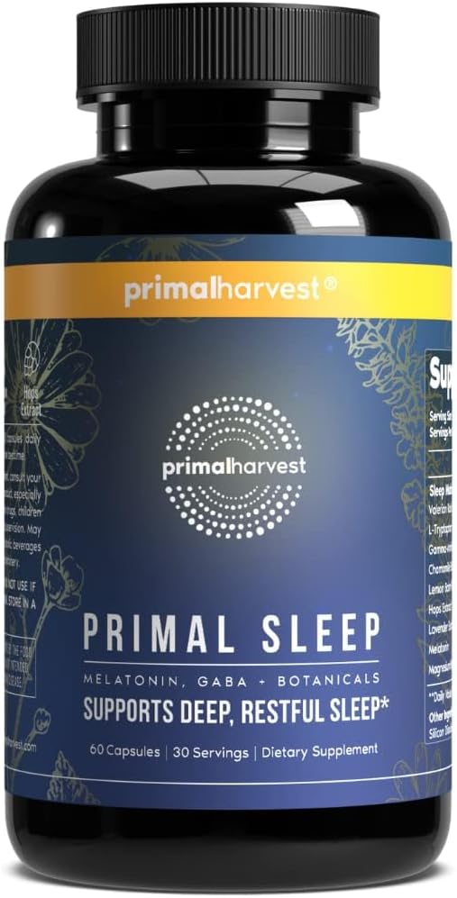 Primal Harvest Primal Apoyo al sueño Suplemento para adultos con Melatonina, GABA, Valerian Root, L-Tryptophan, Magnesium Bisglycinate Chelate y Chamomile para el sueño profundo descanso
