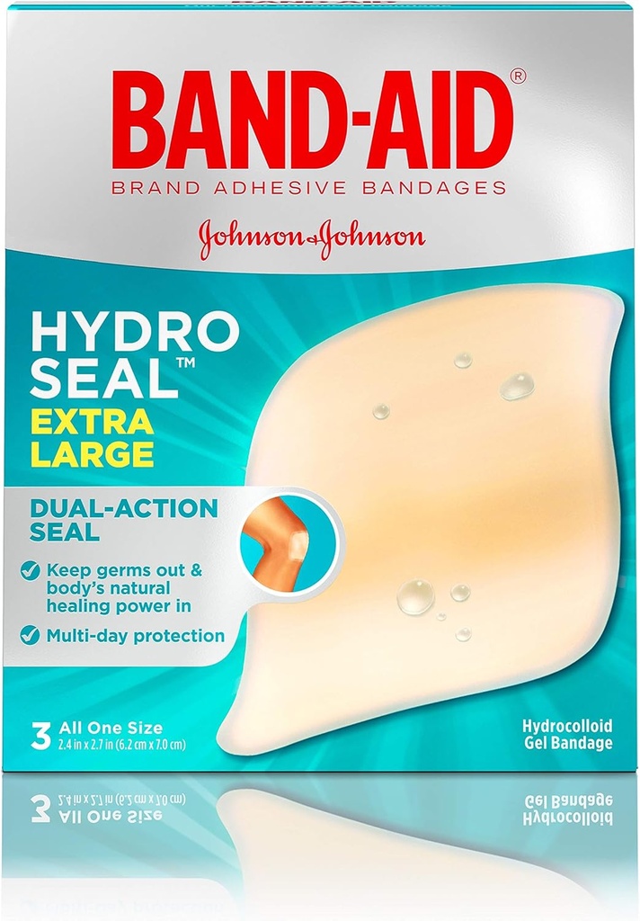 Band-Aid Brand Hydro Seal Adhesive Hydrocolloid Gel Bandages for Wound Care & Blister Relief, All Purpose Waterproof & Shower Proof Blister Pad, Sterile & Long-Lasting, Extra Large, 3 ct